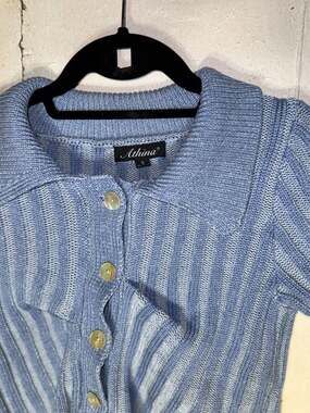 Athina Light Blue Ribbed Knit 2-Piece Short Set With Collared Cardigan